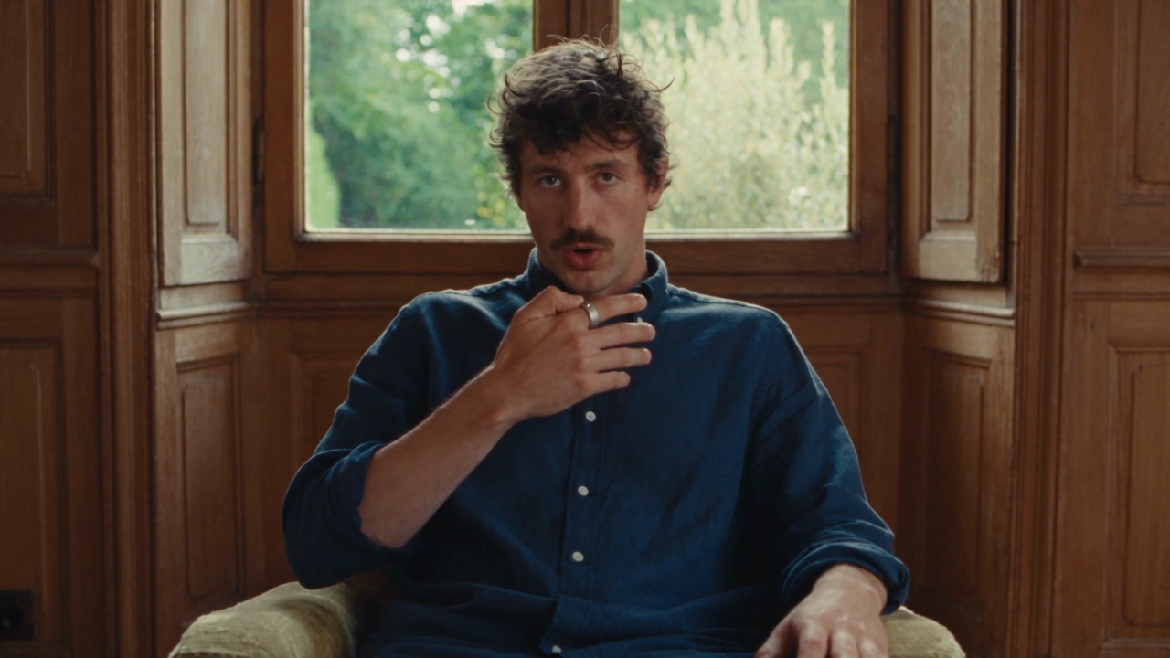 A man sits by a window framed by wood panels and speaks to Instinct through Interface