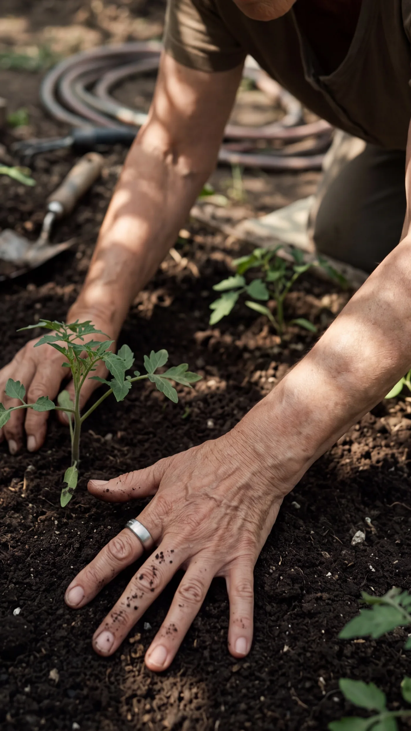 A woman in her sixties gardening under the midday sun, the ring on her index finger
