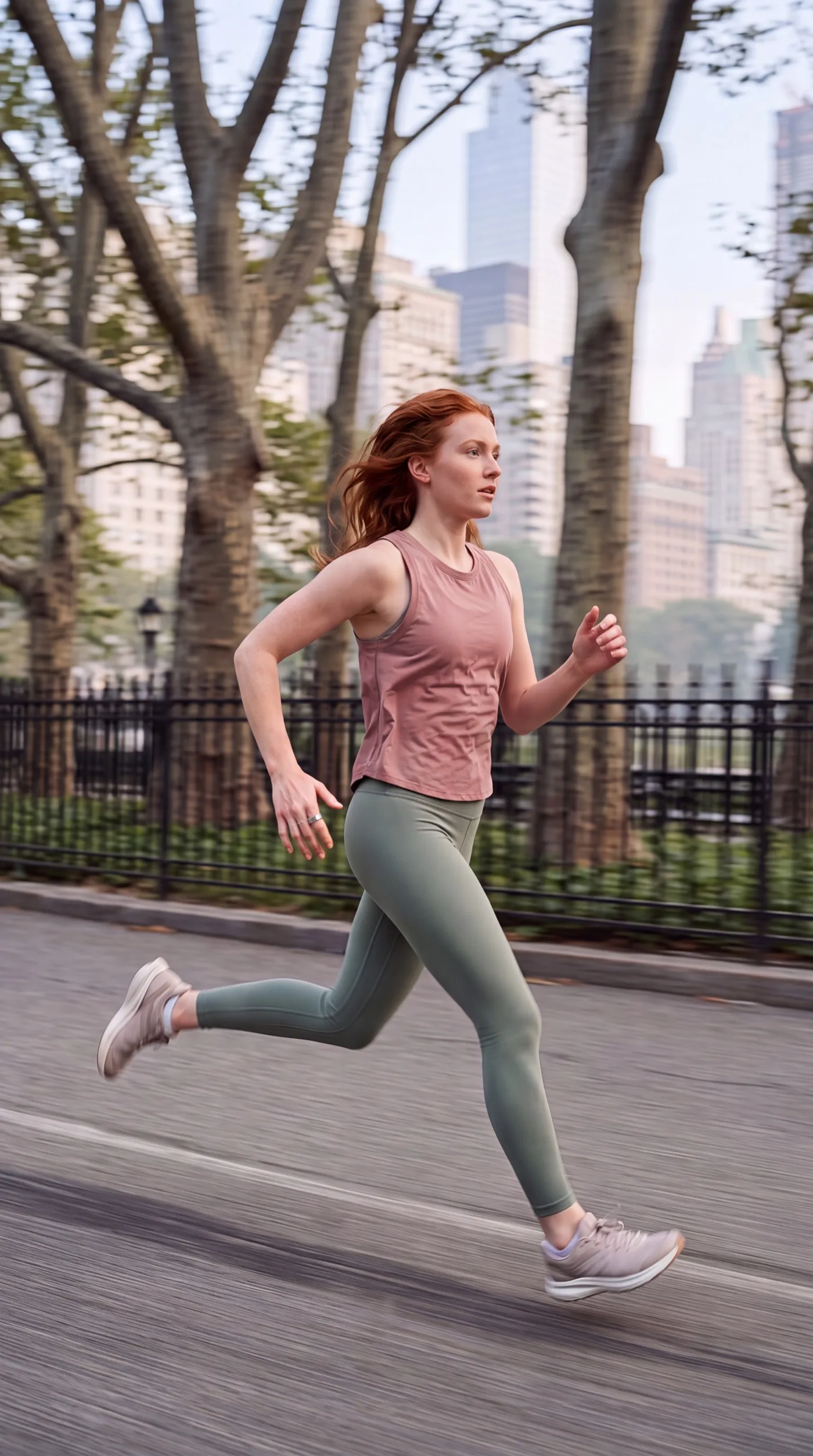 A woman jogging through a city park, motion-blurred background, the ring on her index finger