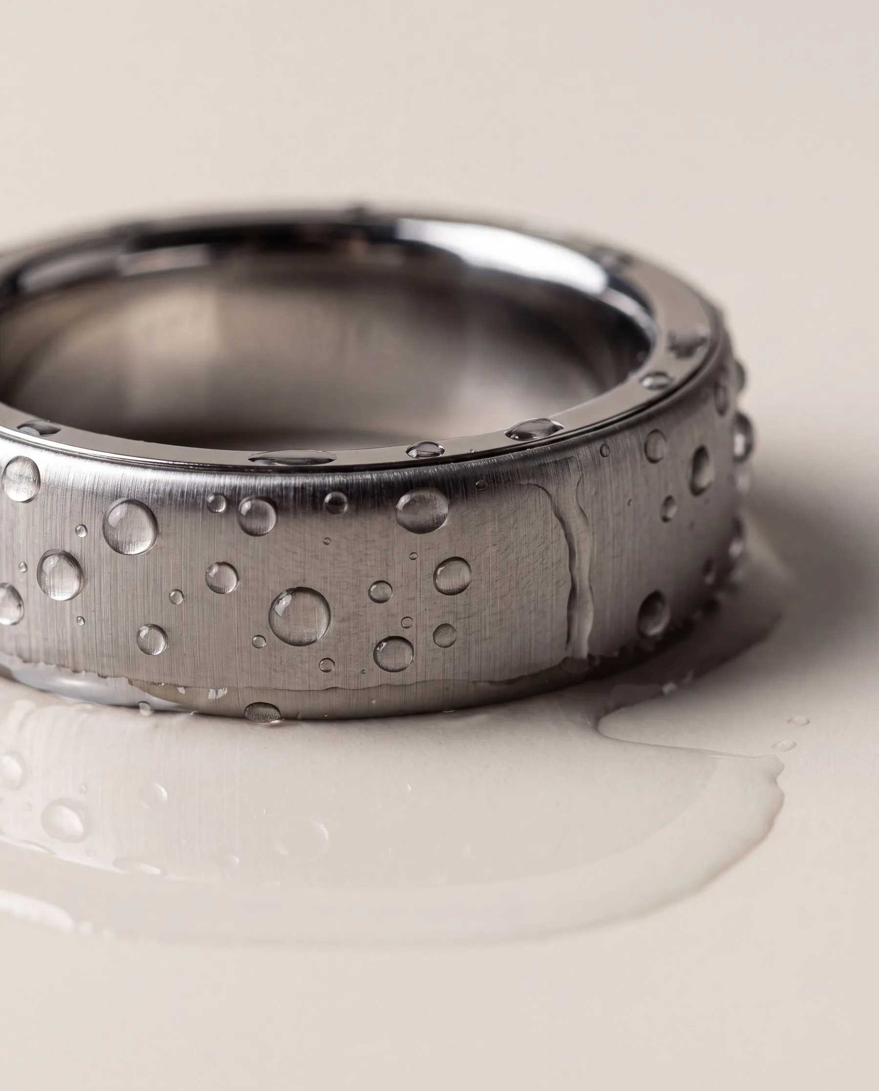 The ring beaded with cold water on a cream surface, the brushed finish repelling the droplets