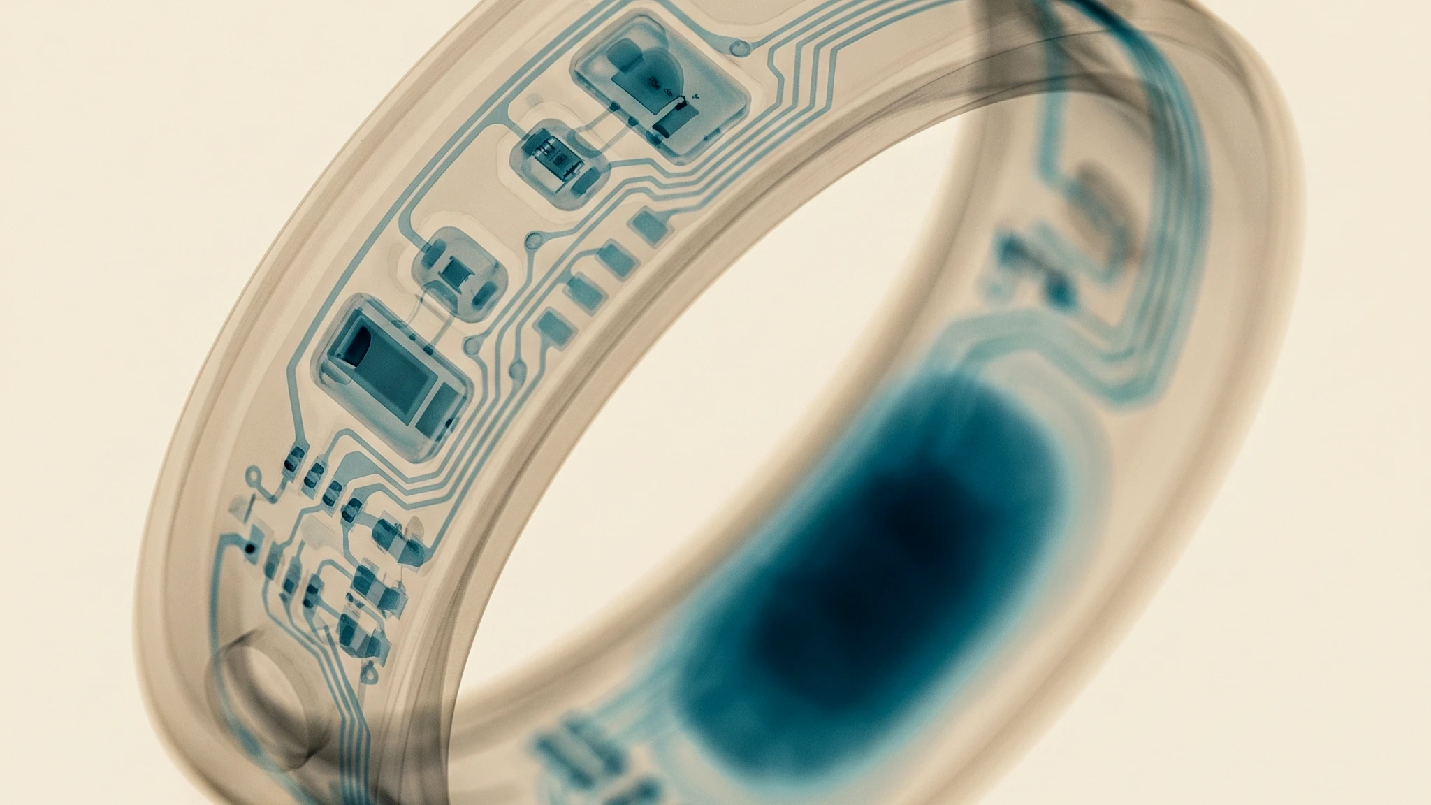 An X-ray of the interface ring: the flexible circuit, the battery cell and the skin-side sensors read through the titanium shell