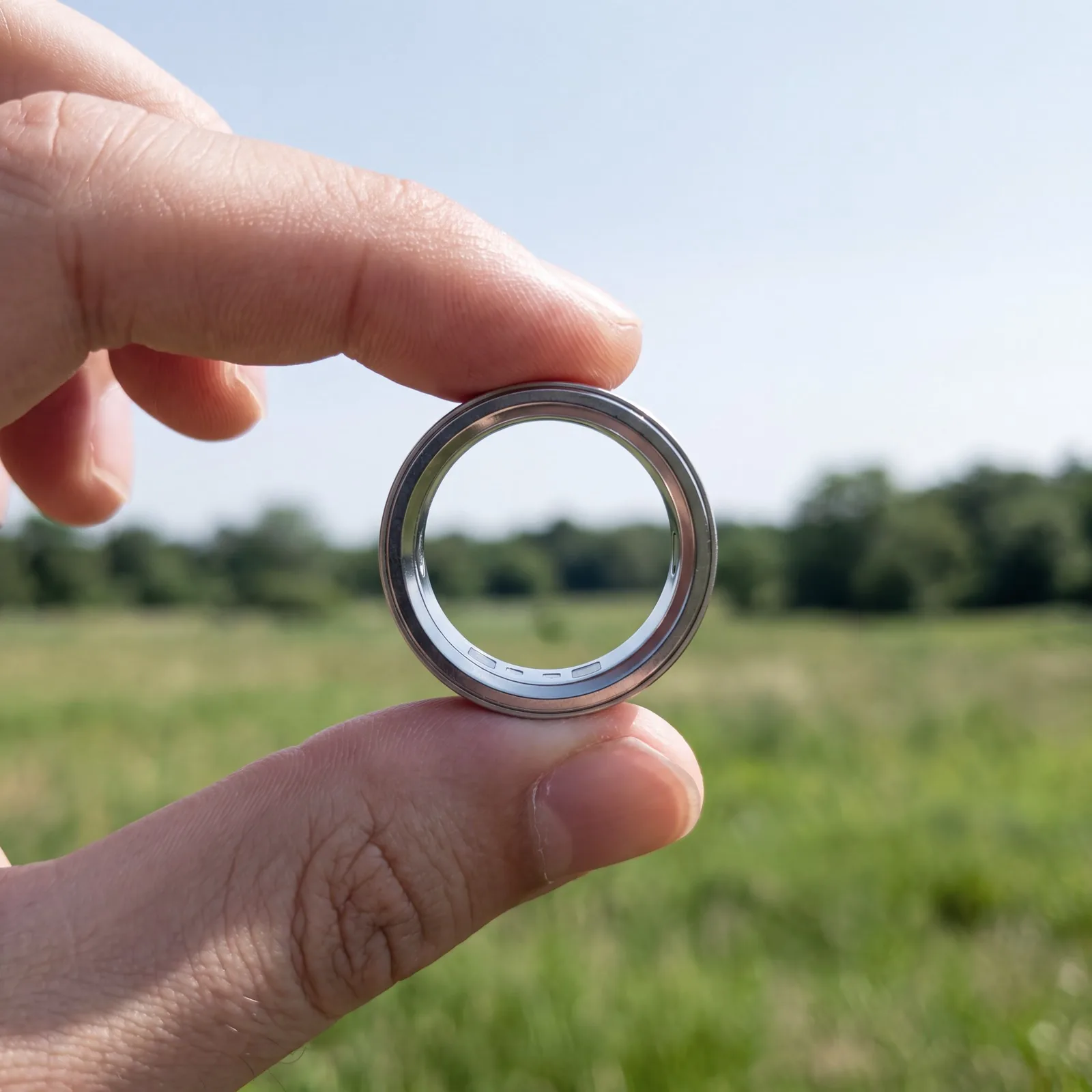 A hand holding the ring up to the sky, looking through its opening at green hills and blue sky