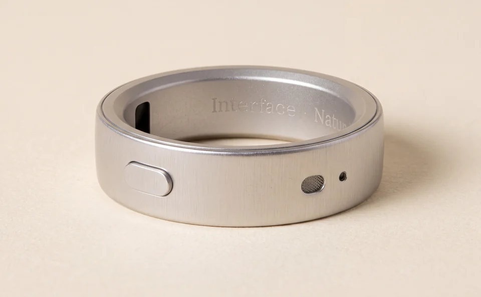 The silver Interface ring on a light cream background, with its button, microphone and engraved interior visible