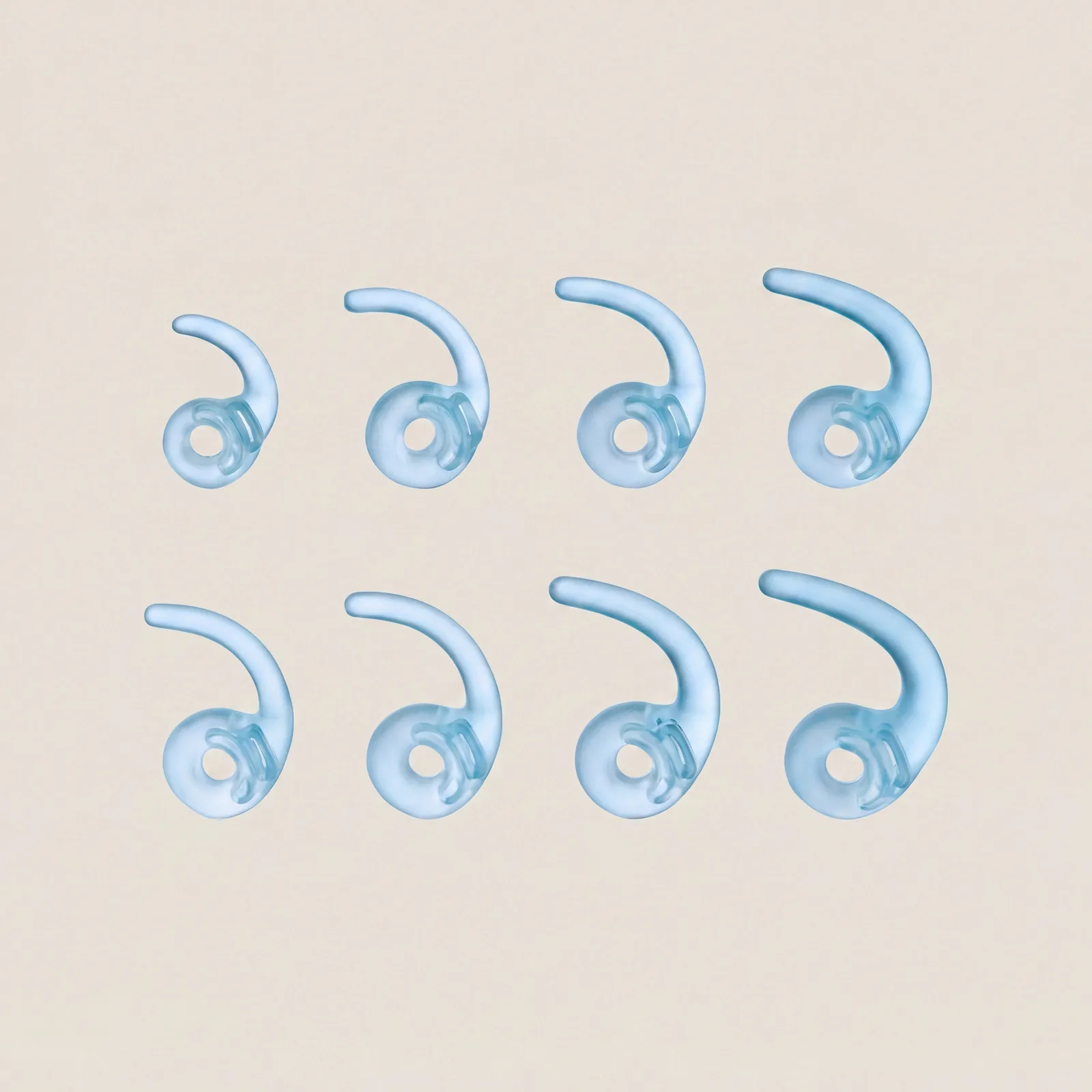 Eight silicone ear-hook sizes — fit system kit