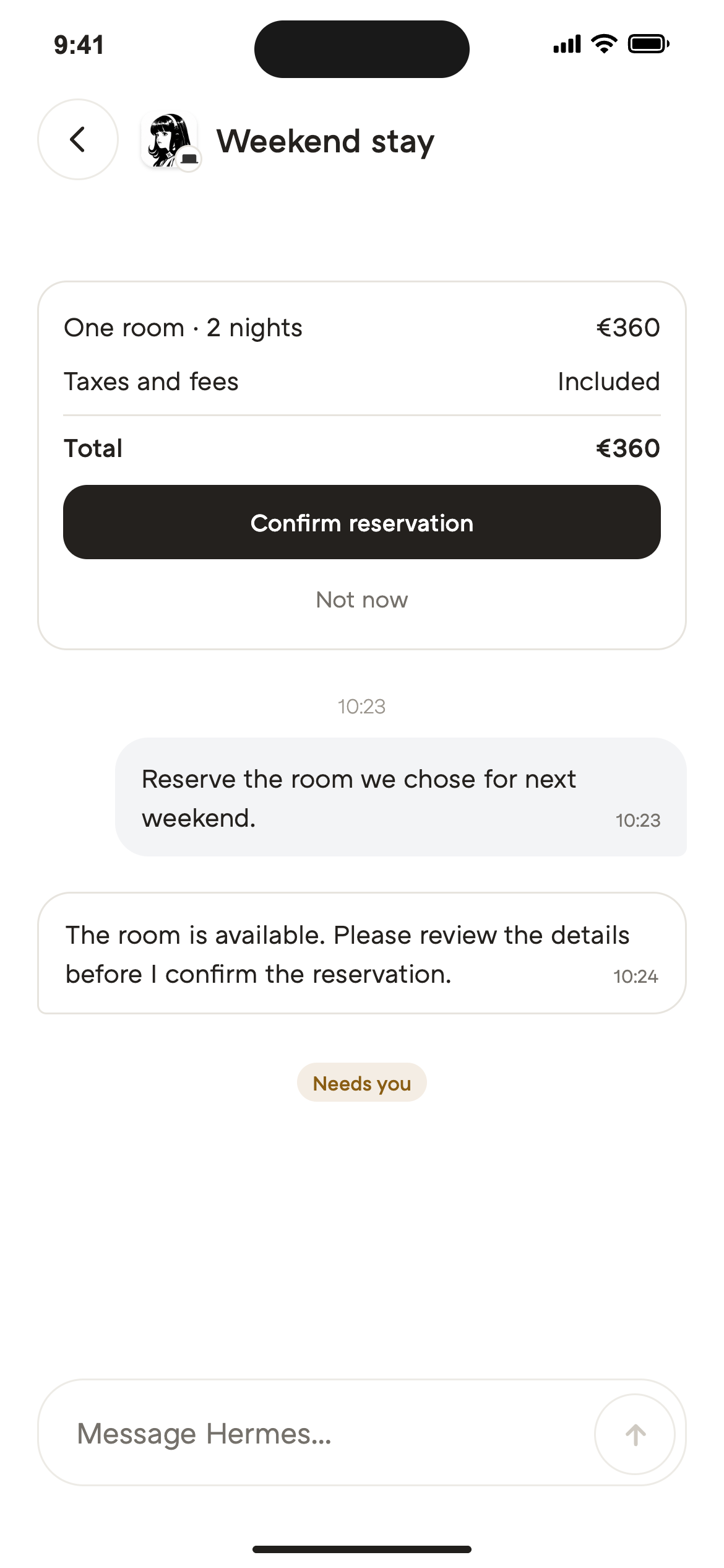 The current Interface app asking for confirmation before a reservation
